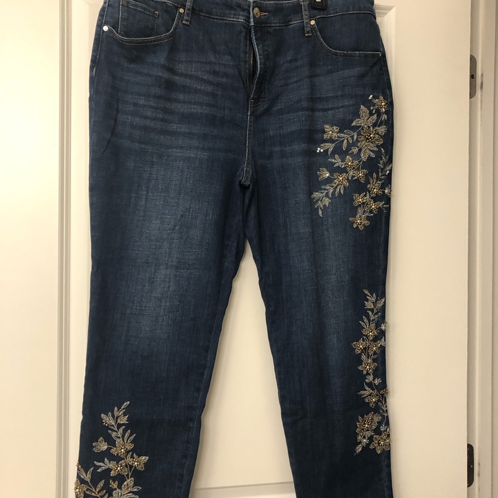Women's Blue Jeans with Gold Embroidery